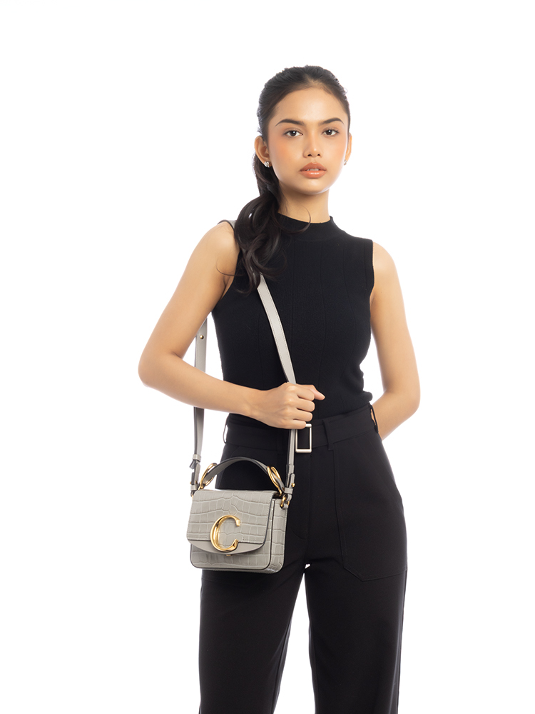 Calfskin Crocodile Embossed Mini C Bag Stormy Grey