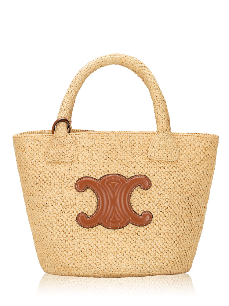 Raffia Calfskin Triomphe Small Bucket Tote Thais Tan