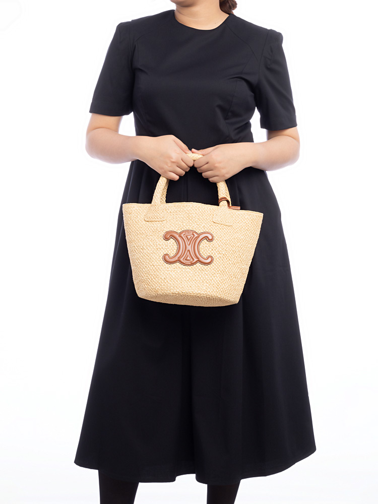 Raffia Calfskin Triomphe Small Bucket Tote Thais Tan