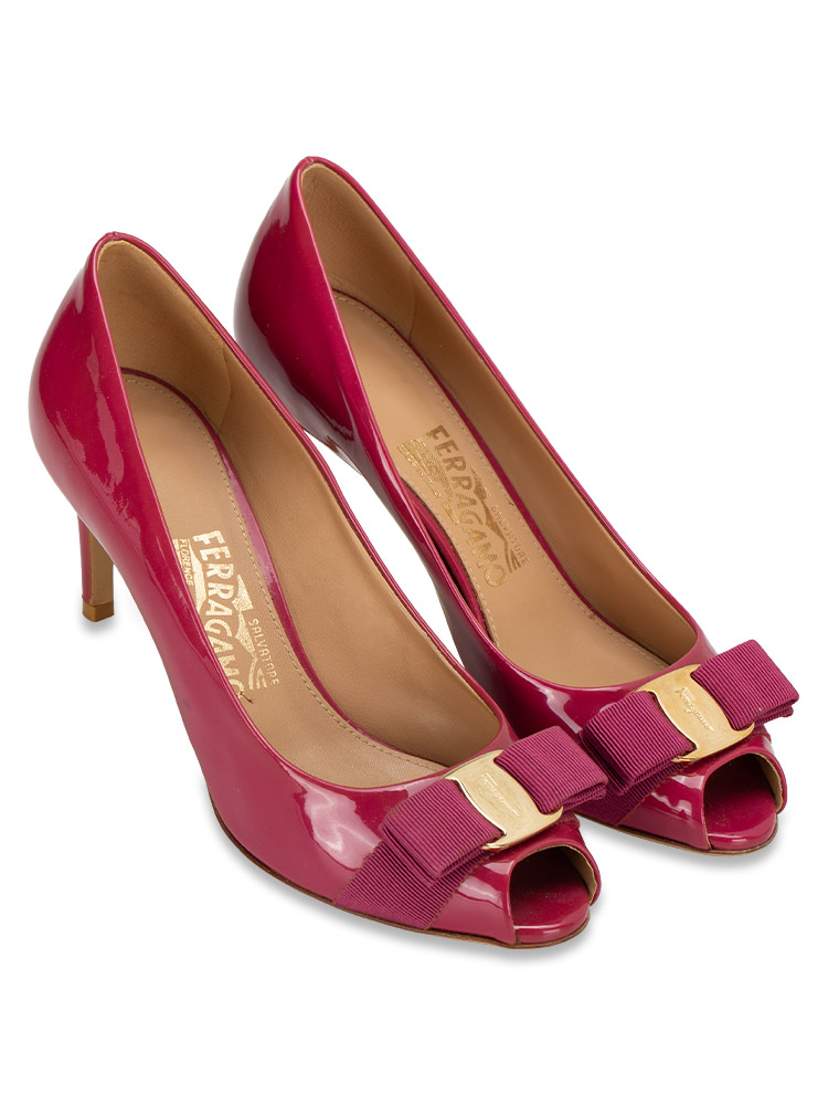 Patent Calfskin Pola Open Toe Heels Fuchsia Sz 7