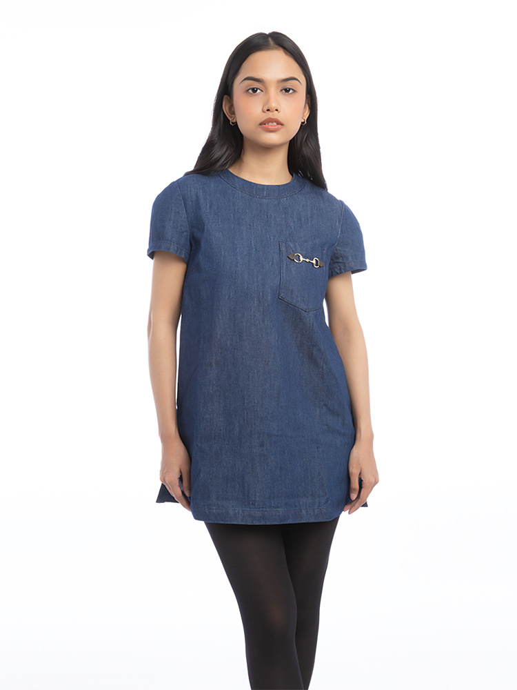 Denim Horsebit Mini Dress Dark Blue Sz 38