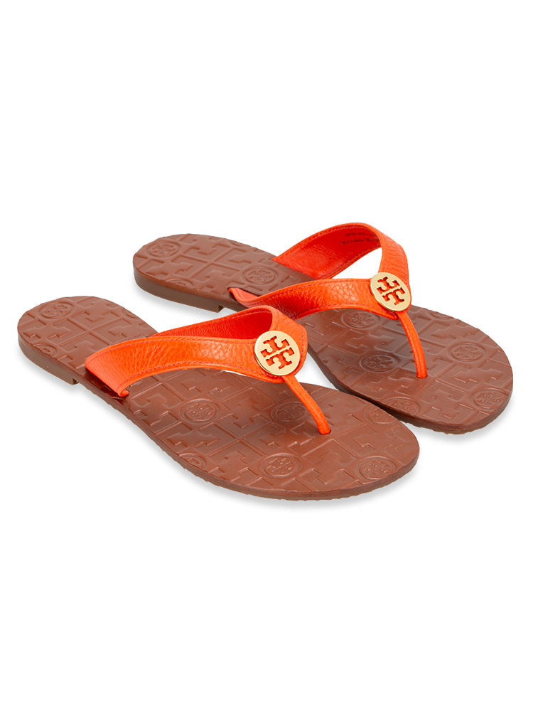 Thora Tumbled Leather Logo Sandal Orange Sz 6