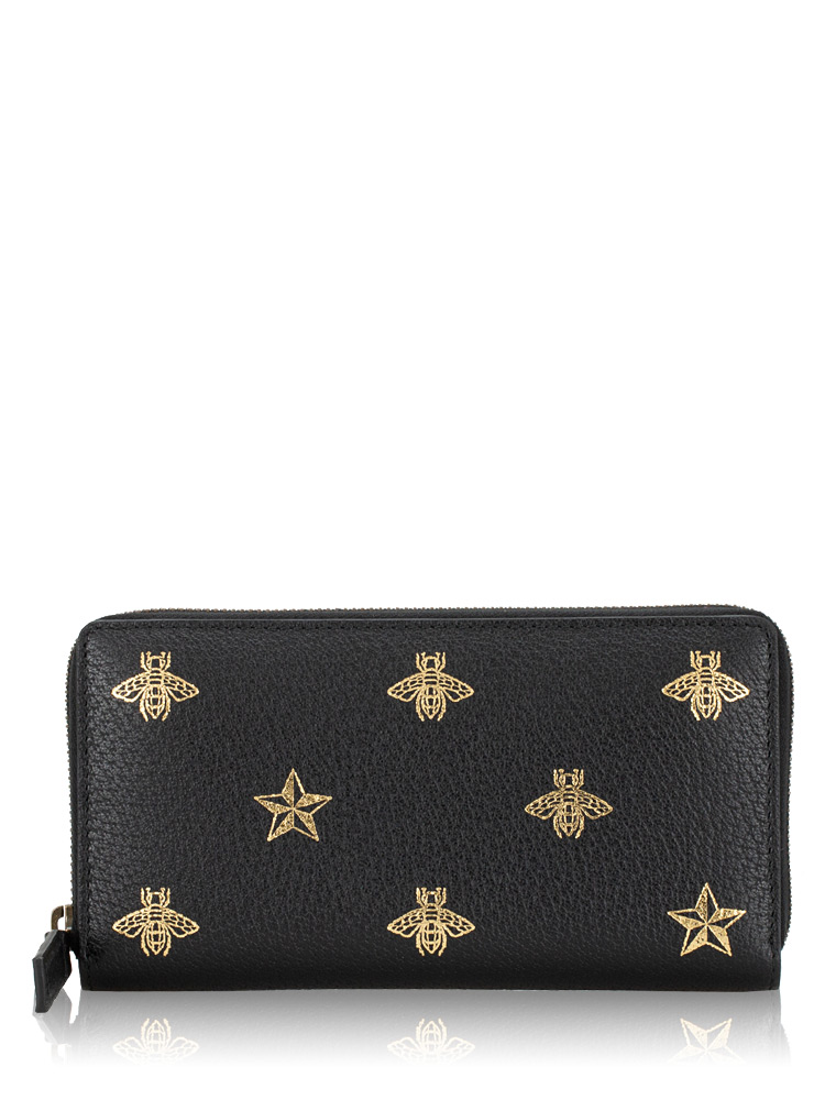 Calfskin Bee Star Zip Wallet Black
