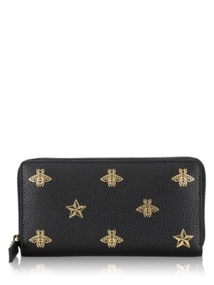 Calfskin Bee Star Zip Wallet Black