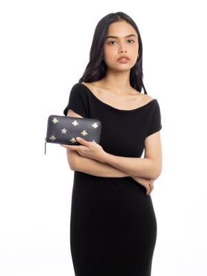 Calfskin Bee Star Zip Wallet Black