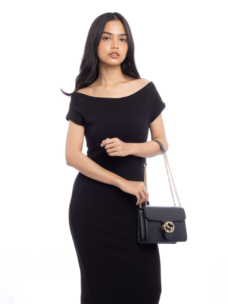 Dollar Calfskin Interlocking G Small Shoulder Bag Black