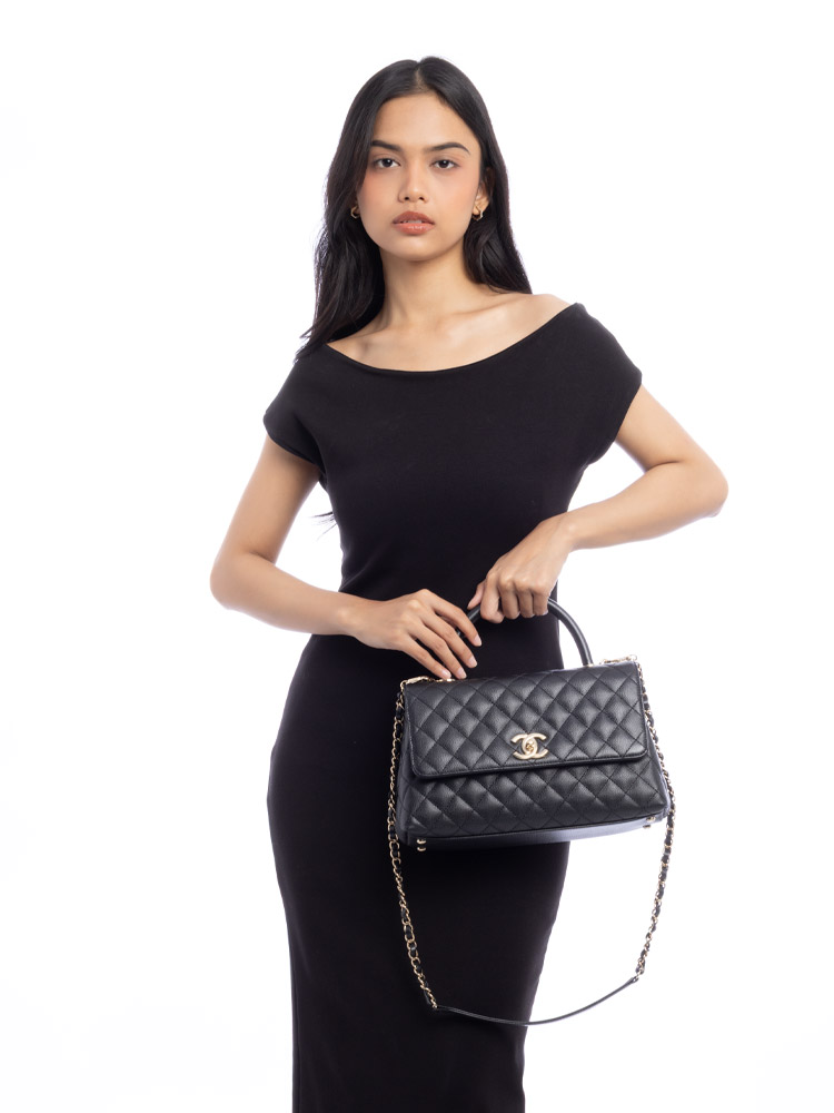 Caviar Medium Coco Handle Flap Bag Black