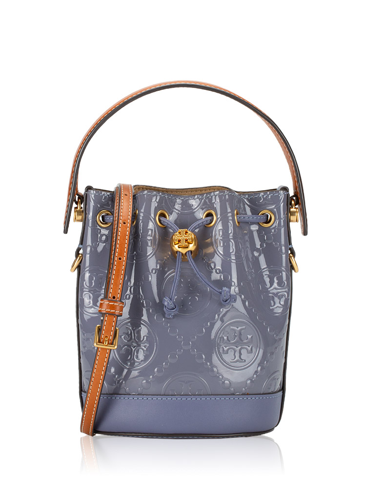 T Monogram Patent Embossed Mini Bucket Bag Dark Lotus