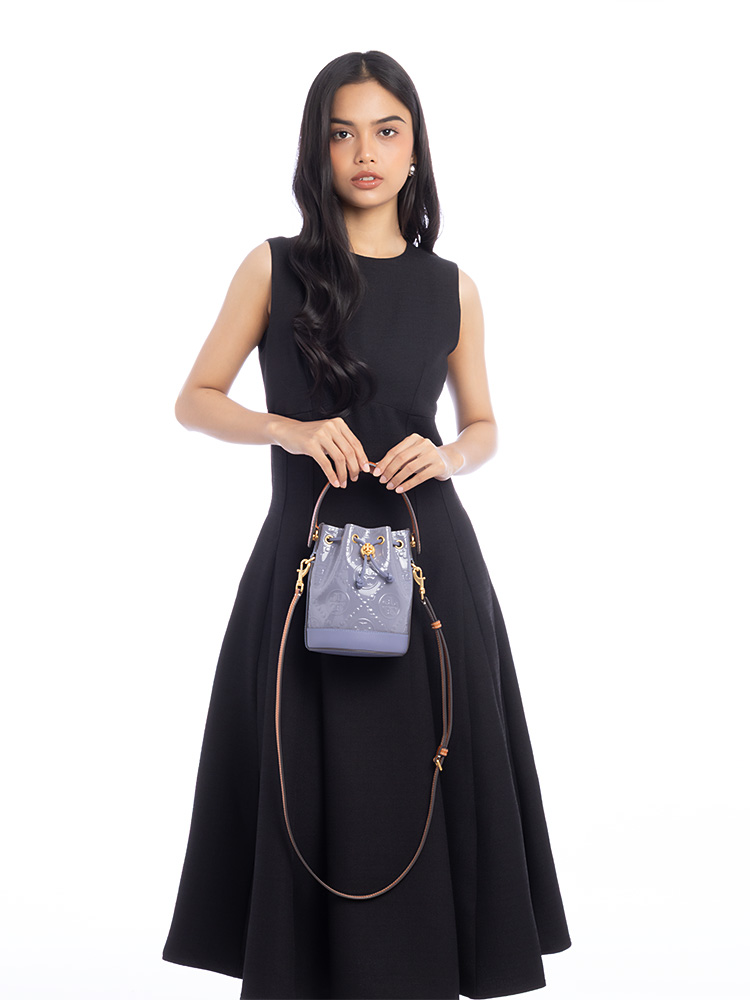 T Monogram Patent Embossed Mini Bucket Bag Dark Lotus