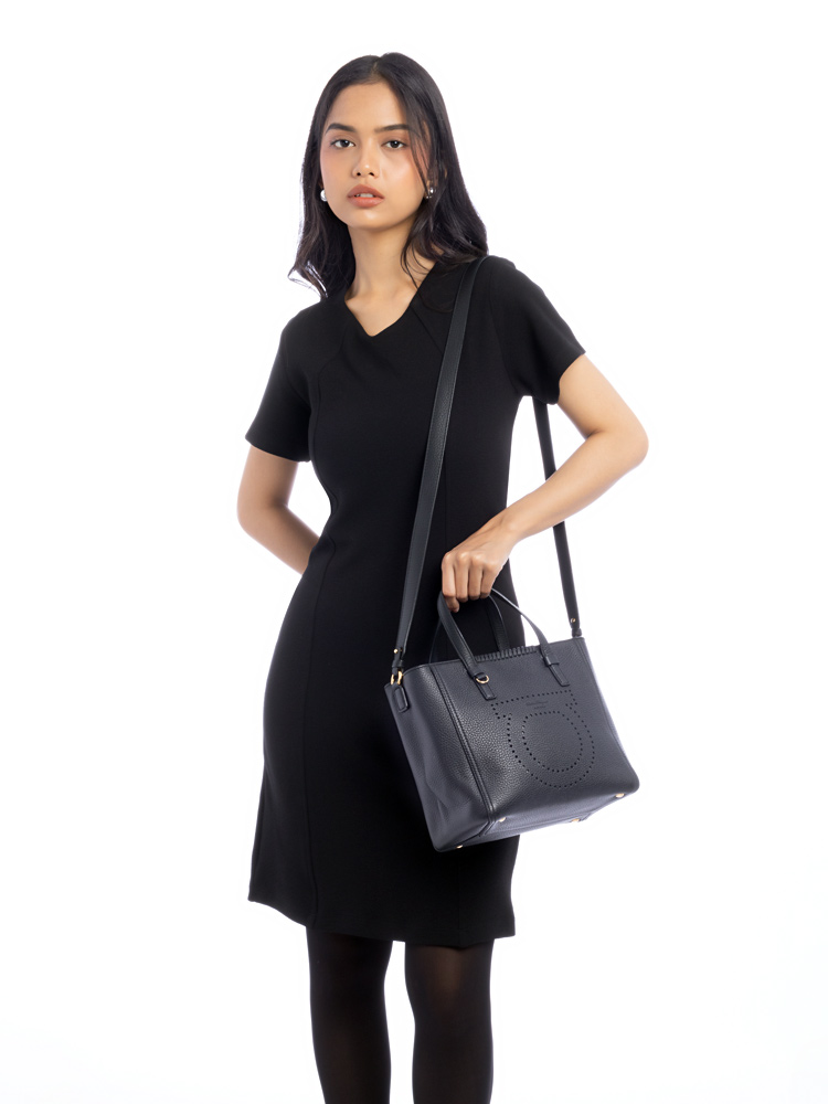 Calfskin Perforated Marta Small Tote Nero