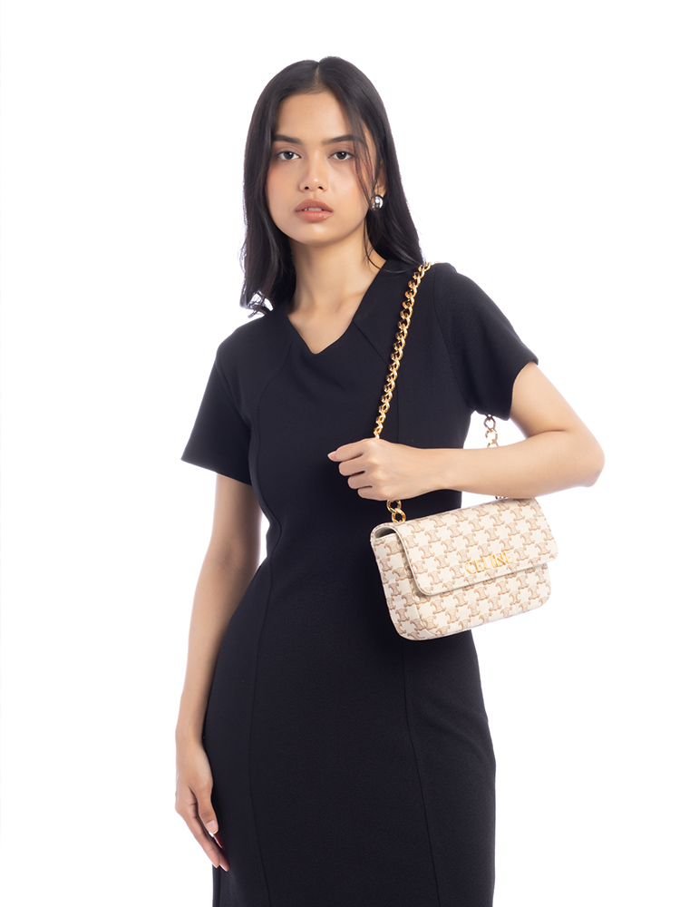 Canvas Matelasse Triomphe Chain Shoulder Bag Beige