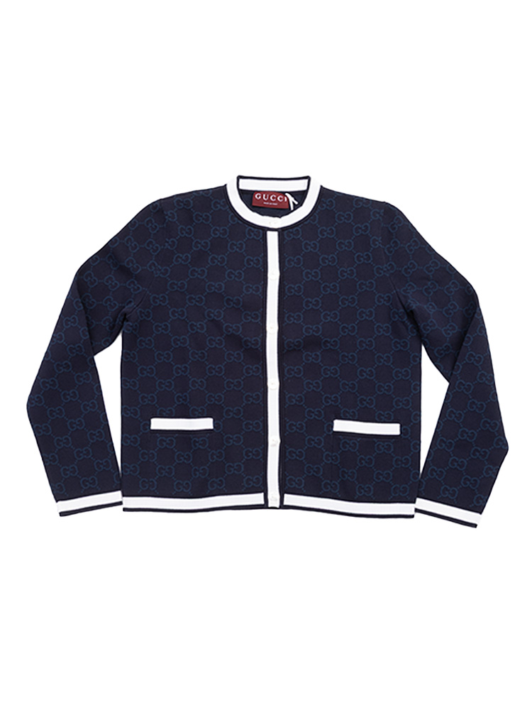 GG Fine Cotton Jacquard Cardigan Navy White Sz S