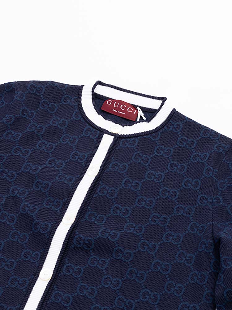 GG Fine Cotton Jacquard Cardigan Navy White Sz S