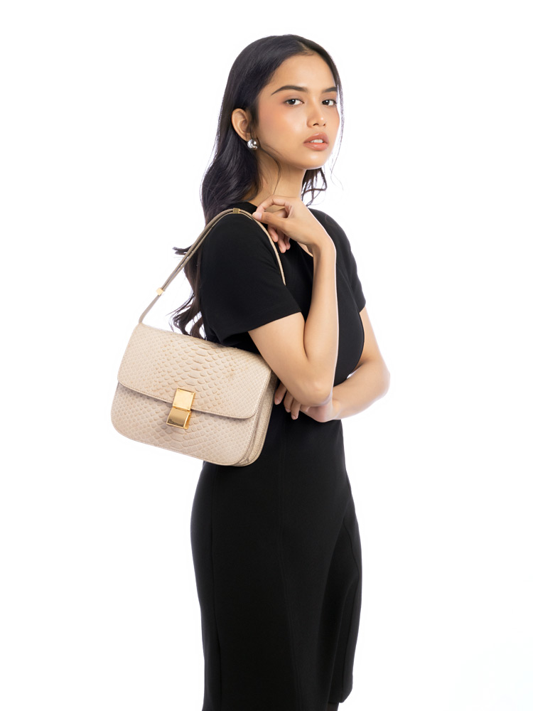 Python Classic Box Medium Shoulder Bag Beige