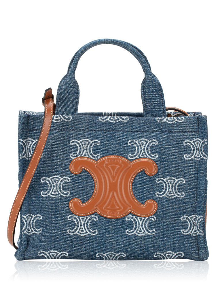 Denim Calfskin Triomphe Thais Small Cabas Navy Tan