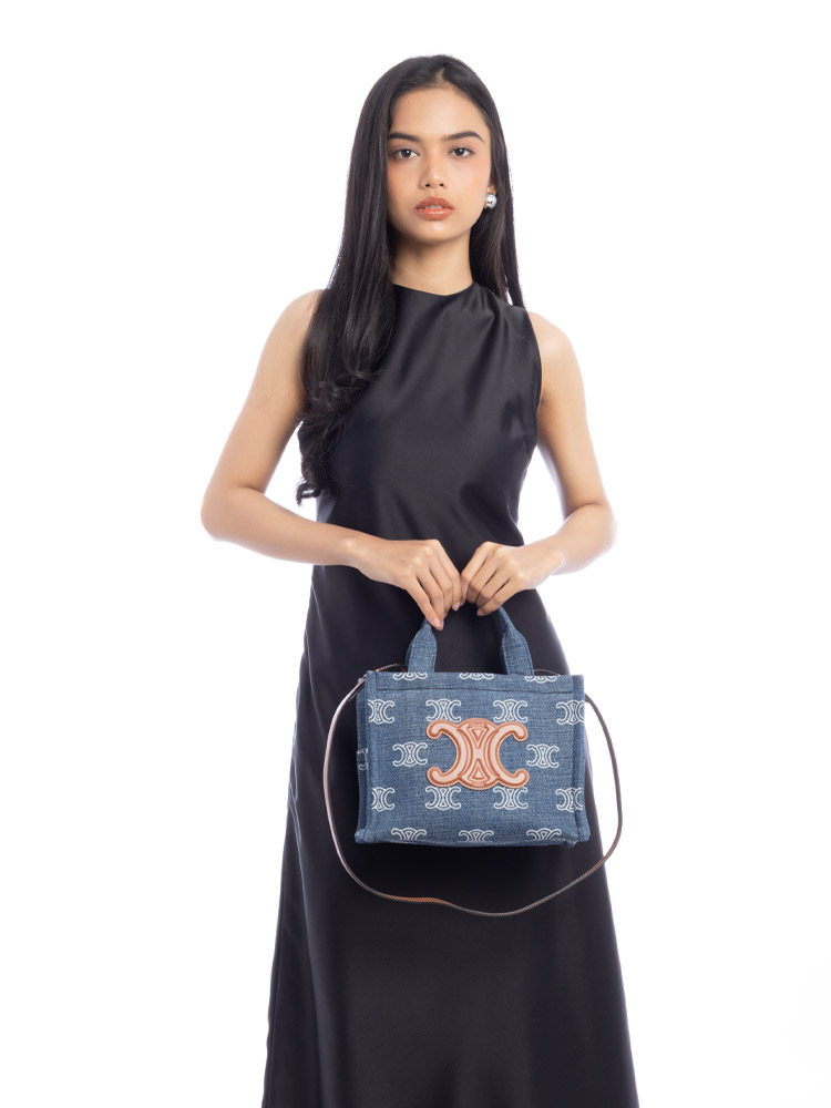 Denim Calfskin Triomphe Thais Small Cabas Navy Tan