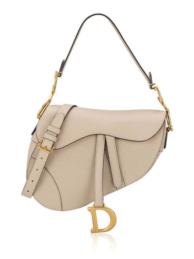 Grained Calfskin Medium Saddle Bag with Strap Powder Beige