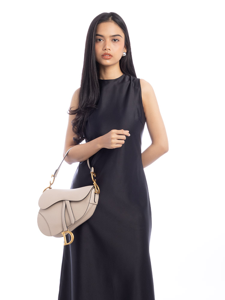 Grained Calfskin Medium Saddle Bag with Strap Powder Beige