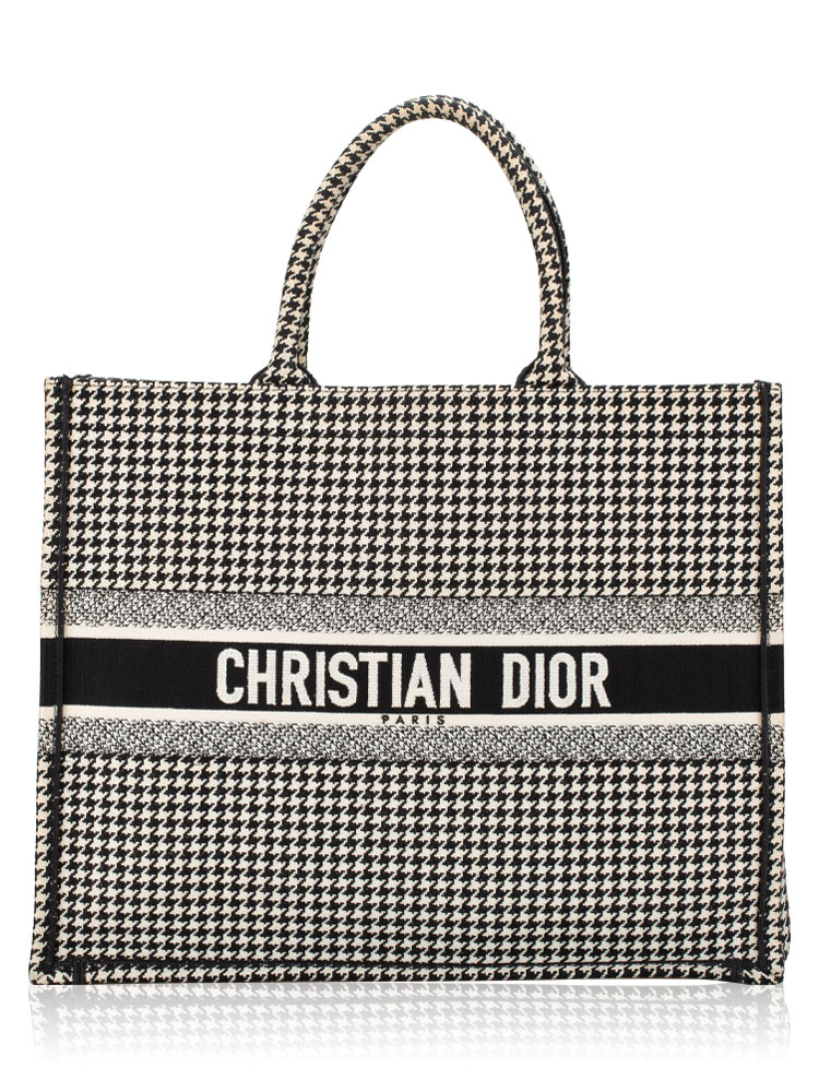 Toile Houndstooth Embroidered Large Book Tote Black White