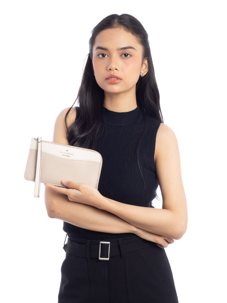 Lucy Colorblock Leather Medium L-Zip Wristlet Light Sand