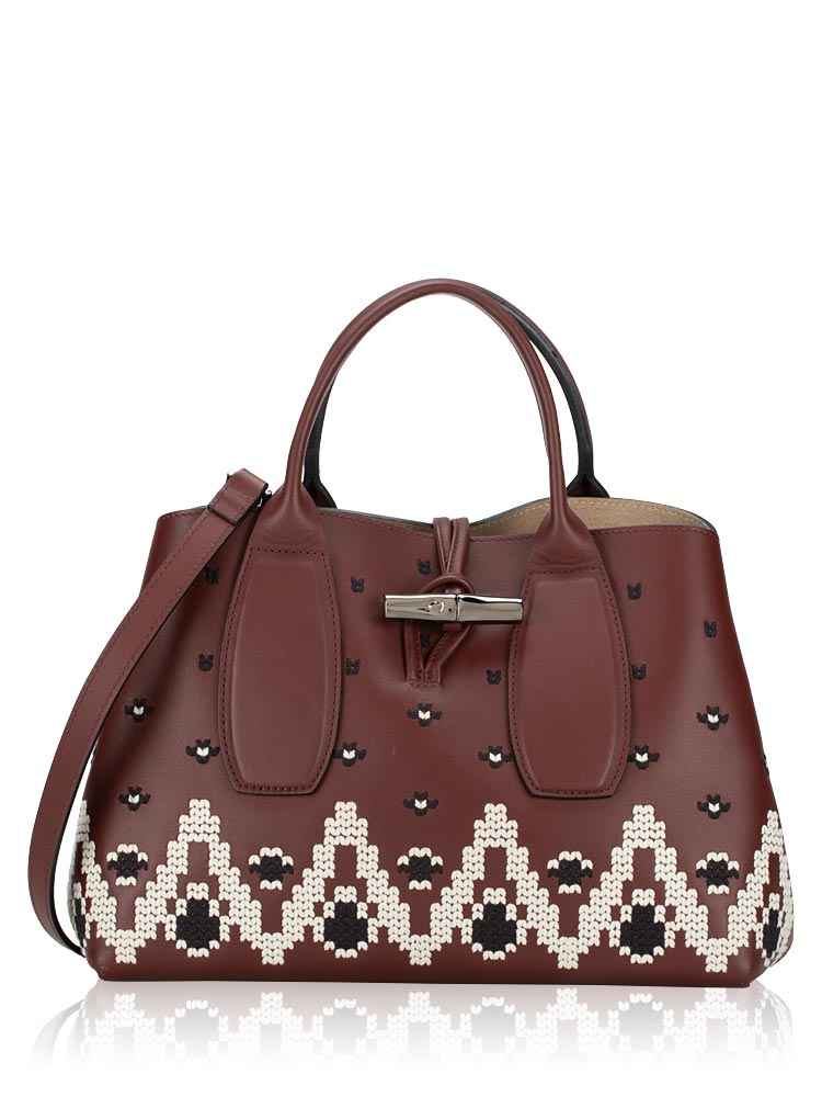 Roseau Leather Embroidered Medium Tote Burgundy