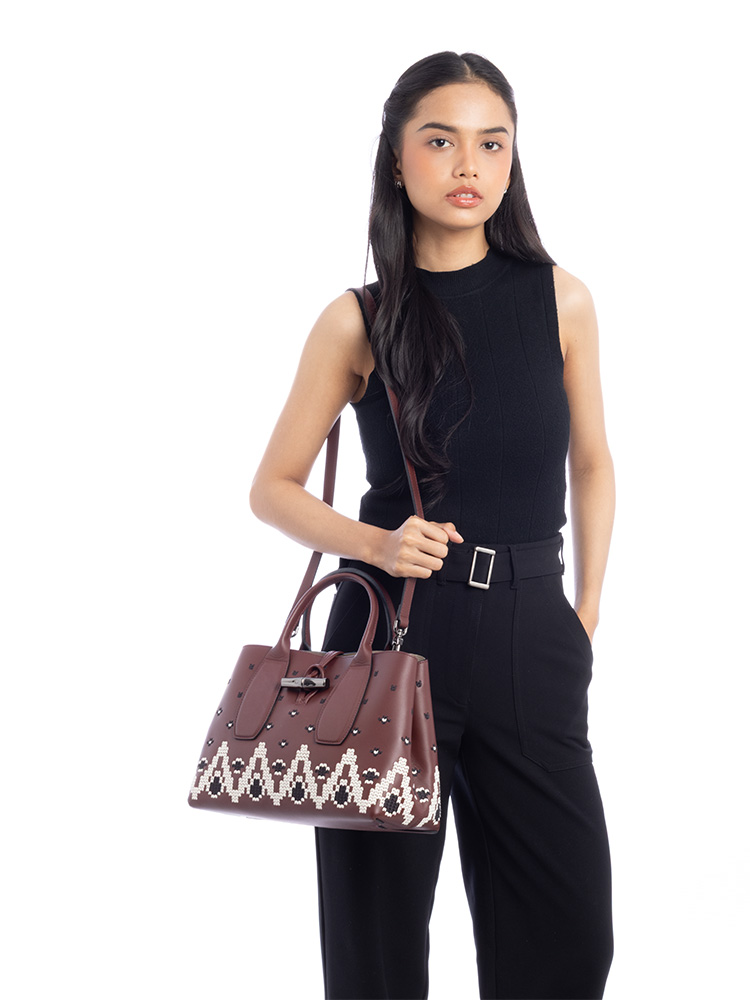 Roseau Leather Embroidered Medium Tote Burgundy