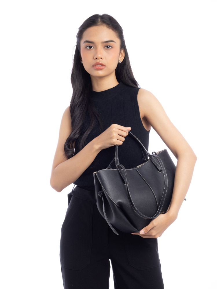 Textured Calfskin Cyme Mini Tote Black Ecru