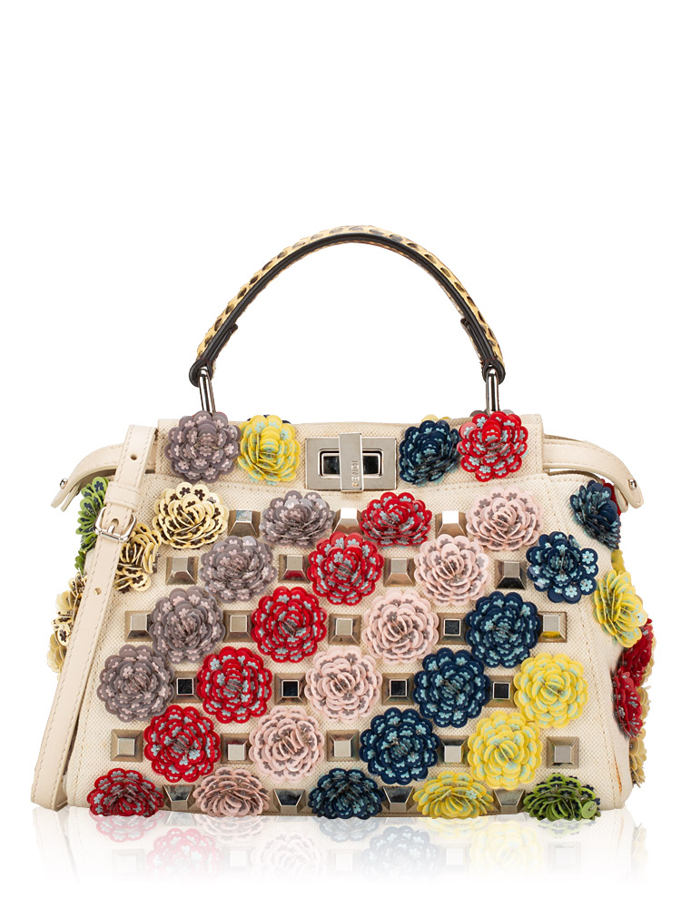 Floral Embellished Canvas Elaphe Handle Mini Peekaboo Naturale