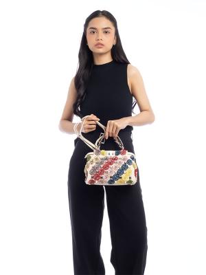 Floral Embellished Canvas Elaphe Handle Mini Peekaboo Naturale