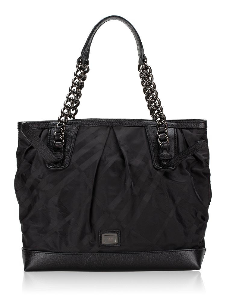 Check Nylon Chain Tote Black