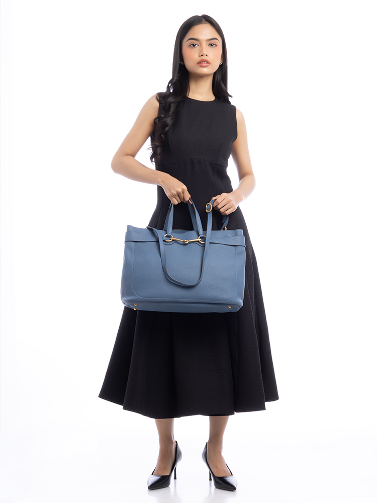 Textured Calfskin Bright Bit Large Tote Blue