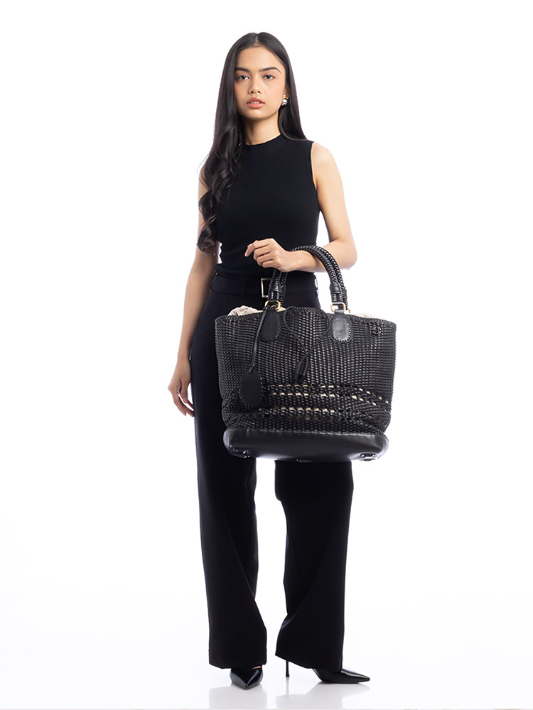 Woven Calfskin Tote Black