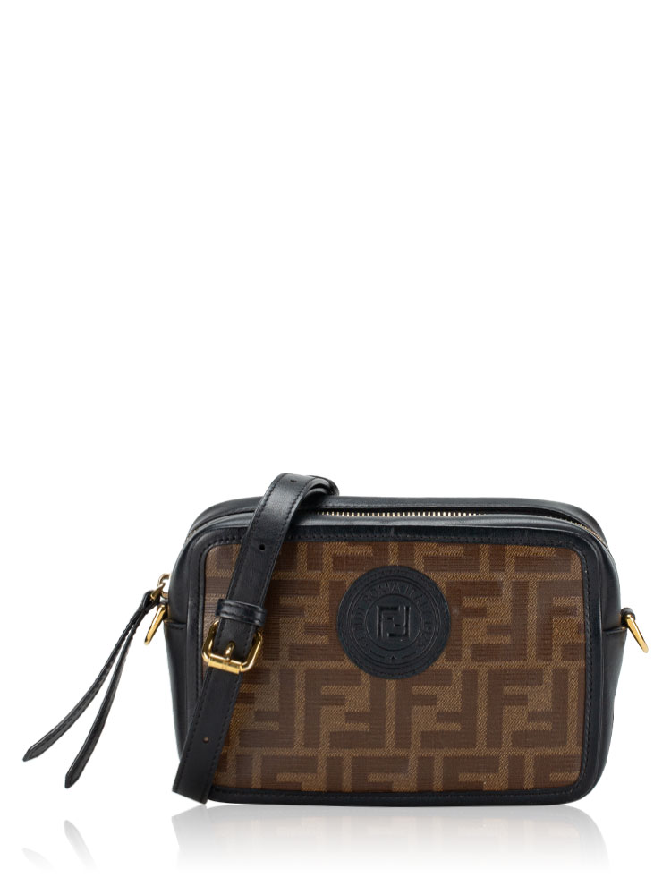 Glazed Vitello Century FF 1974 Stamp Patch Mini Camera Bag Mogano Panna Black