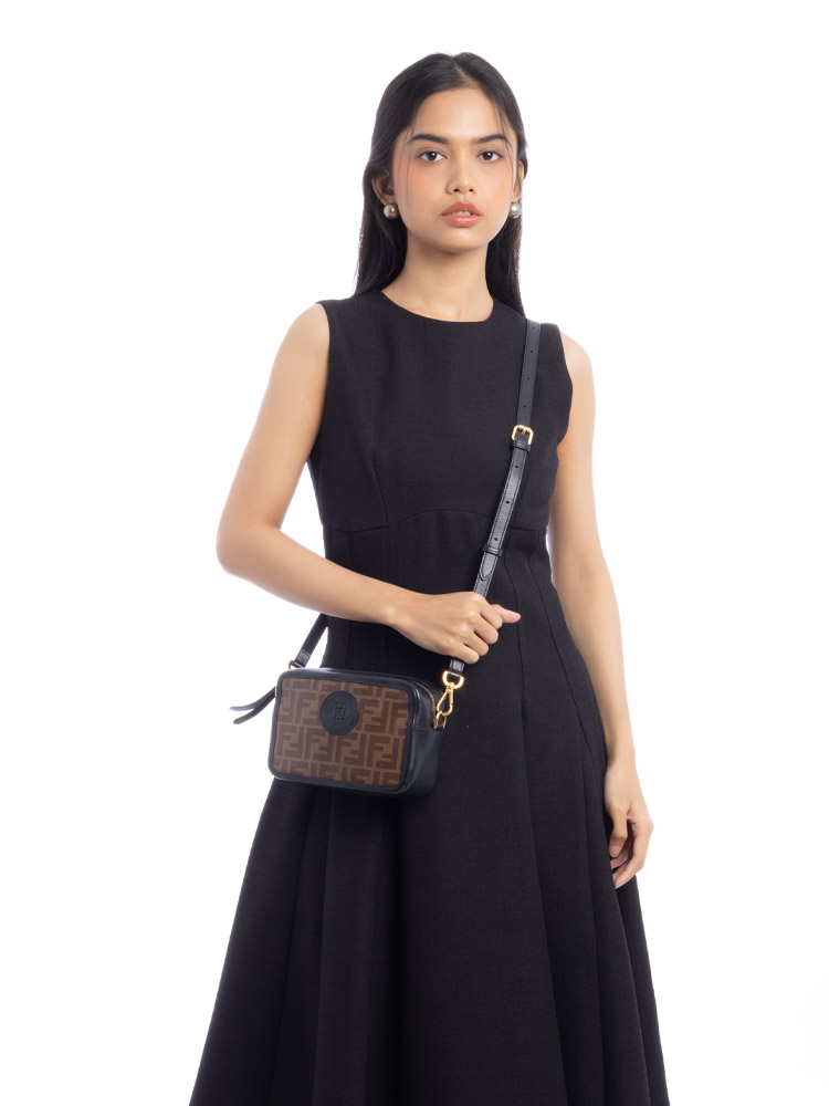 Glazed Vitello Century FF 1974 Stamp Patch Mini Camera Bag Mogano Panna Black