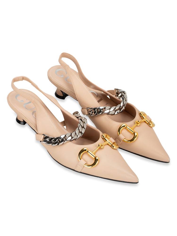 Lambskin Horsebit 
Chain Slingback Kitten Heel Pumps Beige Sz 38