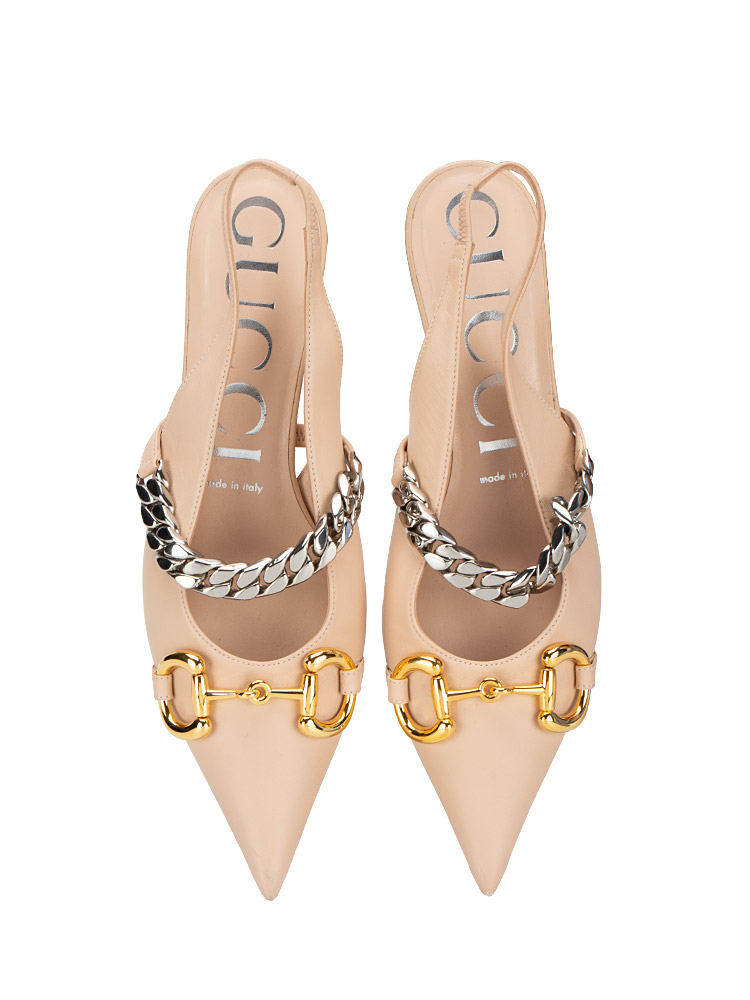 Lambskin Horsebit 
Chain Slingback Kitten Heel Pumps Beige Sz 38