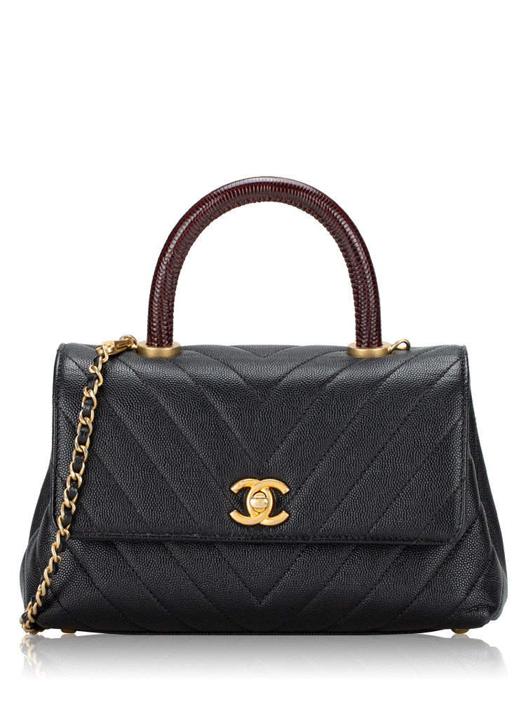 Chevron Caviar Small Coco Handle Bag with Lizard Handles Black