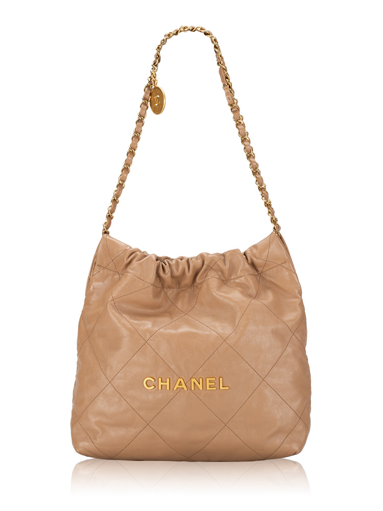 Shiny Calfskin Chanel 22 Small Handbag Beige