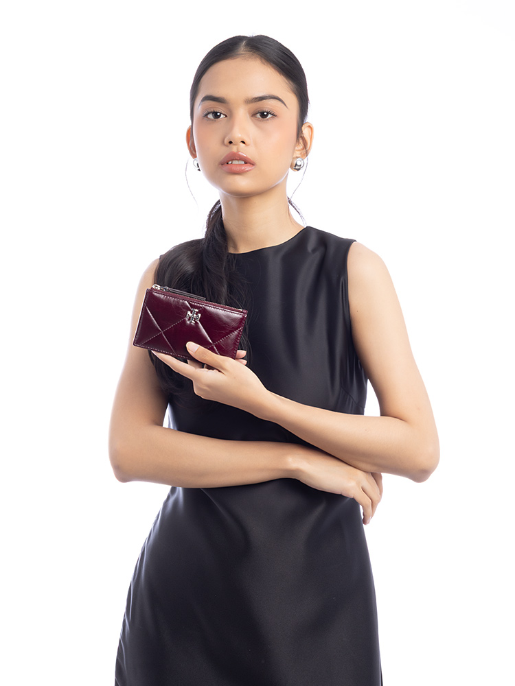 Kira Diamond Quilted Distressed Small Zip Card Case Dark Carmine