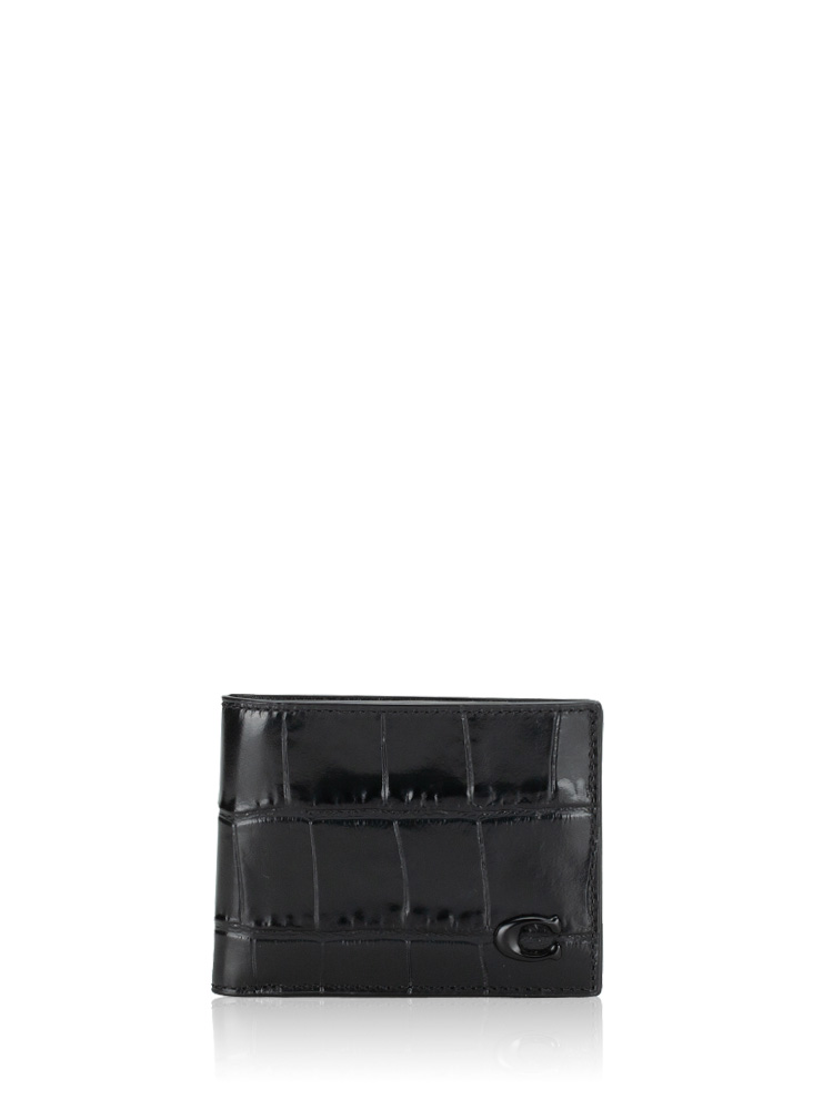 Men CW444 Croco Embossed Slim Billfold Wallet Black