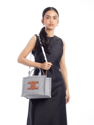 Striped Canvas Triomphe Thais Small Cabas Natural Navy Blue