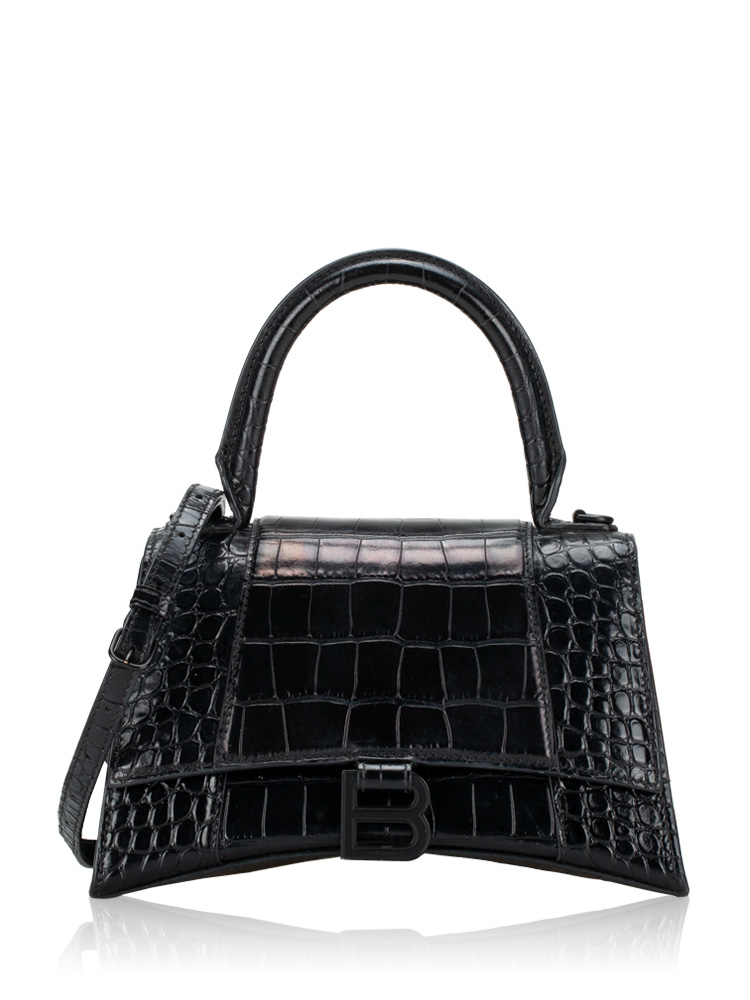 Calfskin Croco Effect Hourglass Small Top Handle Bag Black