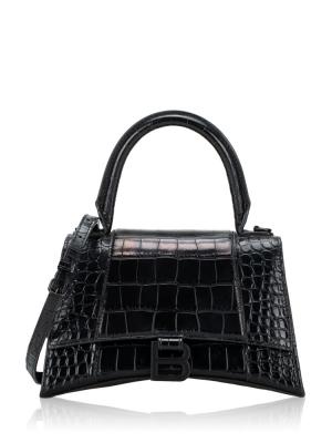 Calfskin Croco Effect Hourglass Small Top Handle Bag Black