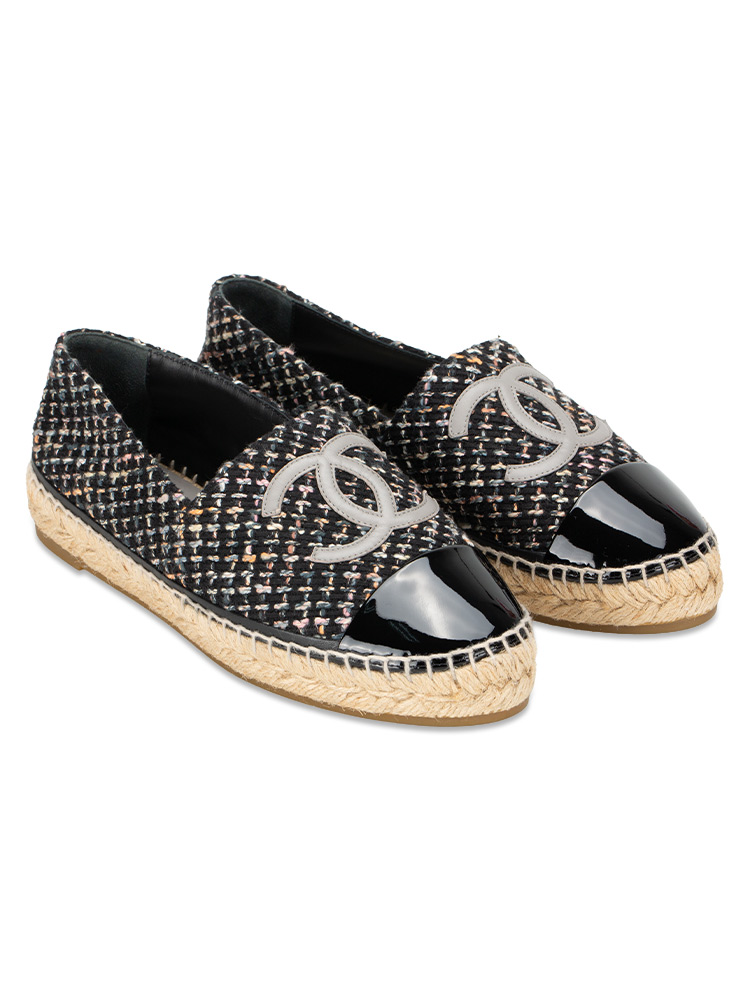 Tweed Patent CC Espadrilles Black Multicolor Sz 39