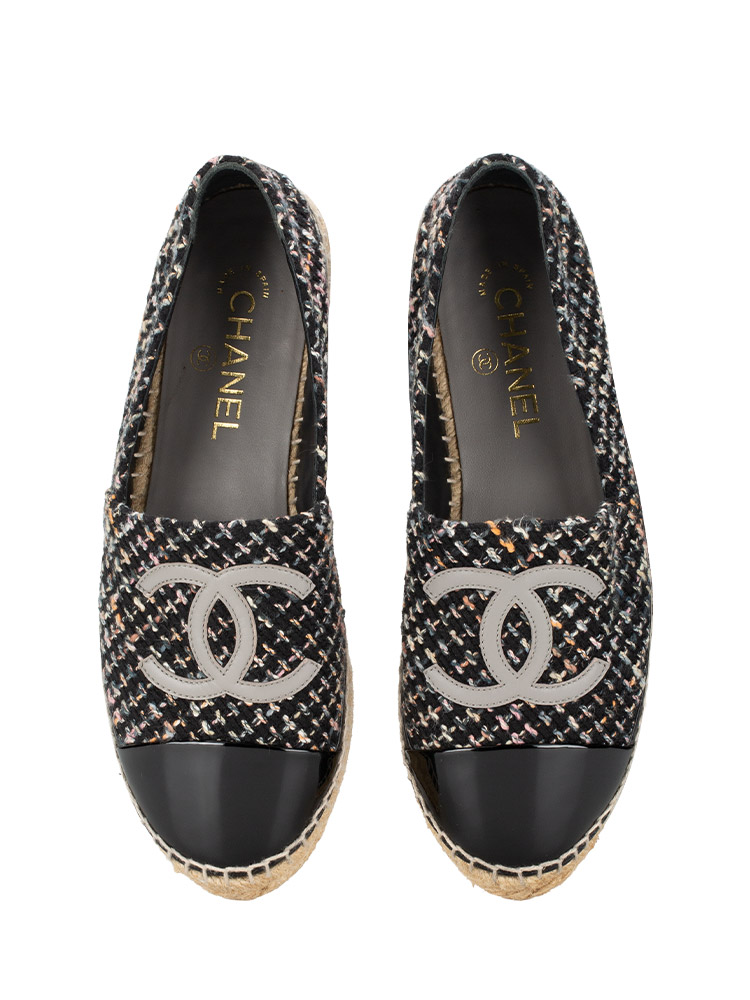 Tweed Patent CC Espadrilles Black Multicolor Sz 39