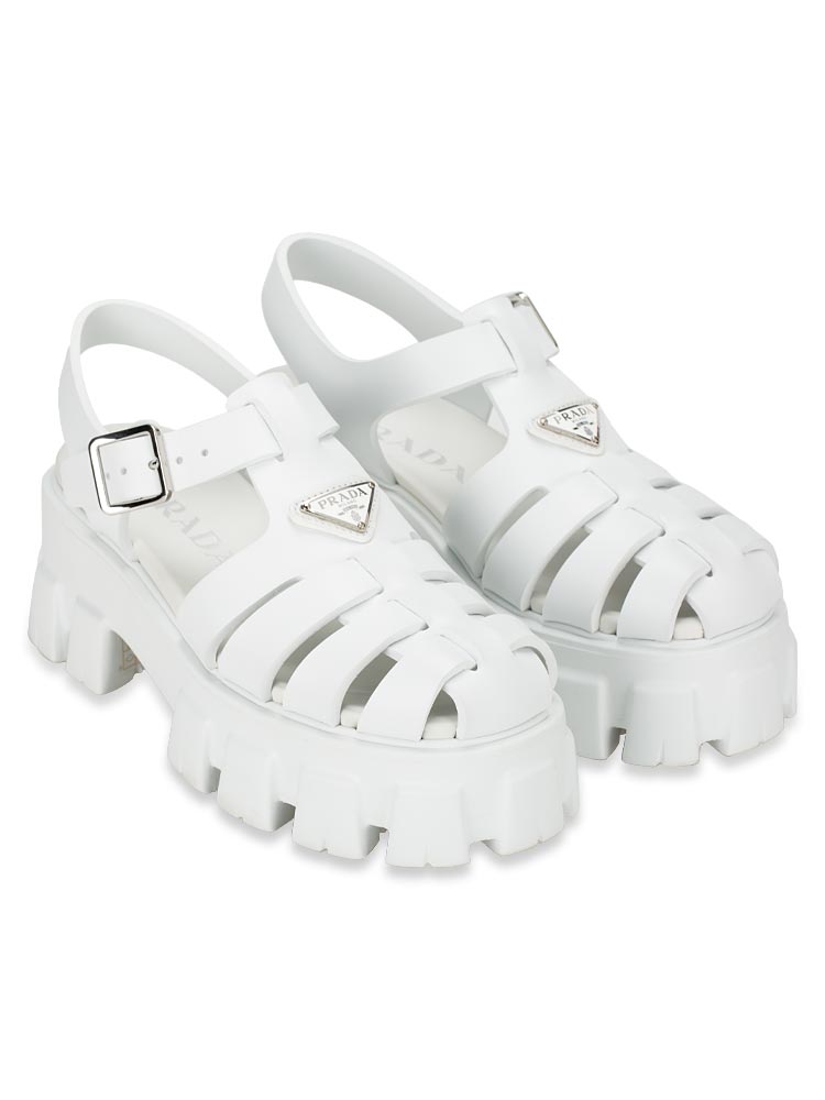 Foam Metal Triangle Logo Monolith 55mm Cage Sandals Bianco Sz 35