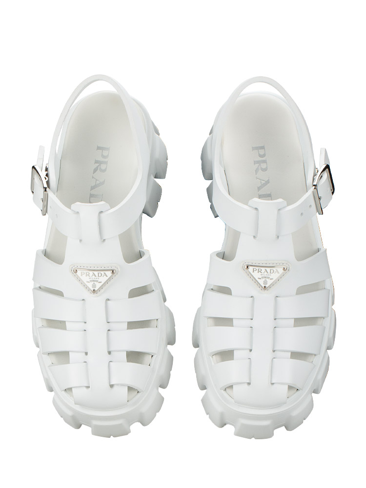 Foam Metal Triangle Logo Monolith 55mm Cage Sandals Bianco Sz 35