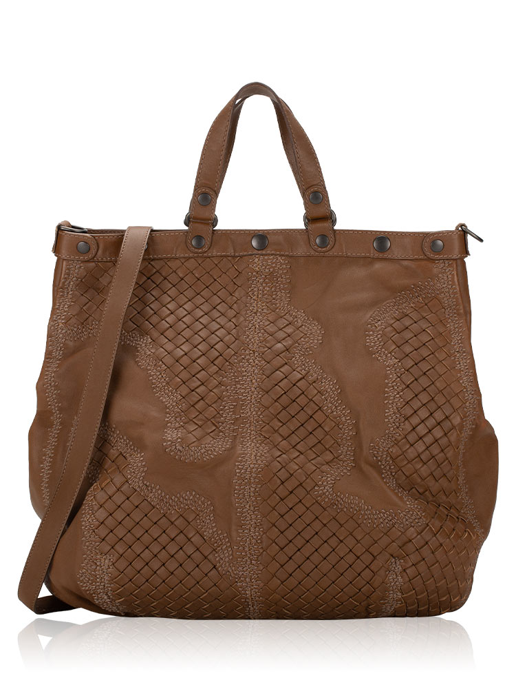 Nappa Intrecciato Embroidery Top Handle Bag Brown