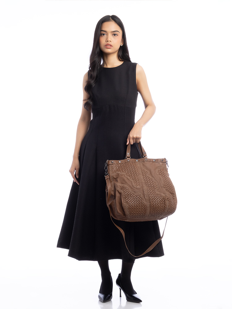 Nappa Intrecciato Embroidery Top Handle Bag Brown