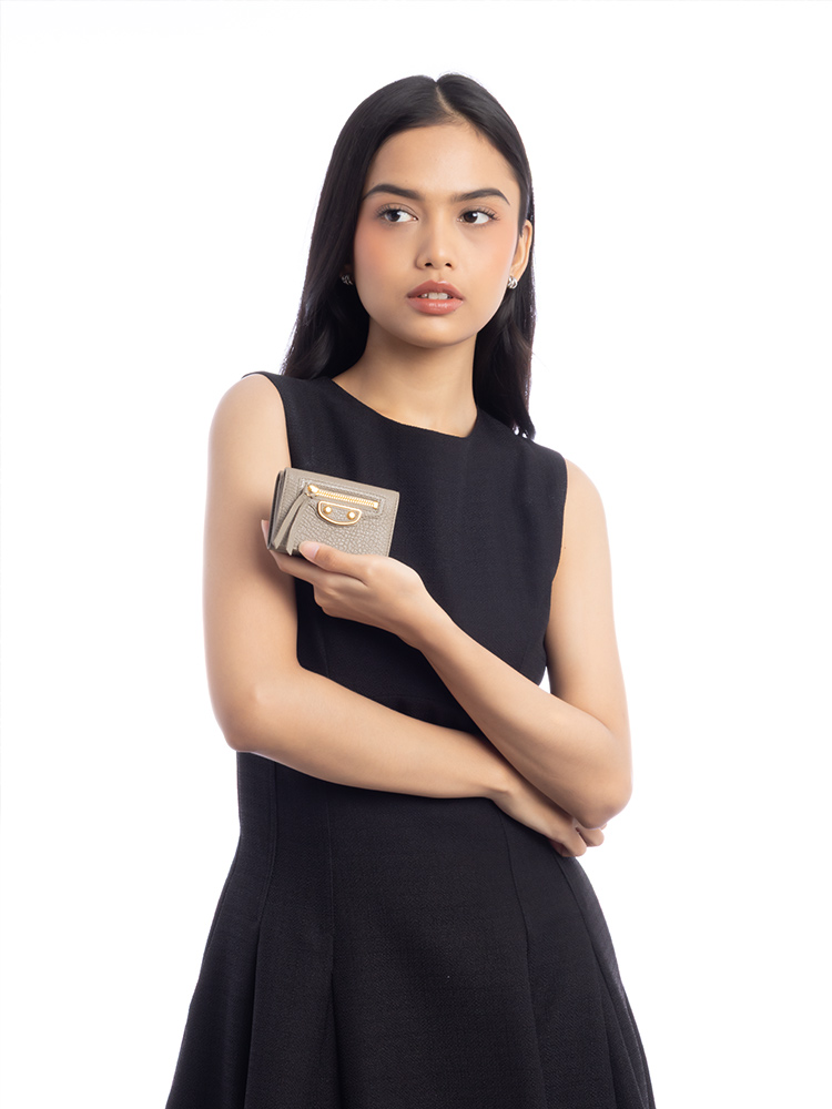 Gold Metallic Edge Mini Trifold Wallet Gris Taupe